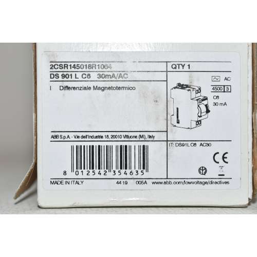 Differenziale magnetotermico ABB DS901 L C6 30mA Type AC 4500A 1P+N