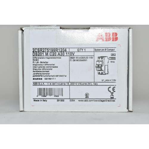 Differenziale magnetotermico ABB DS201MC20A30 110V  1P+N C20A 30mA Type A  10KA
