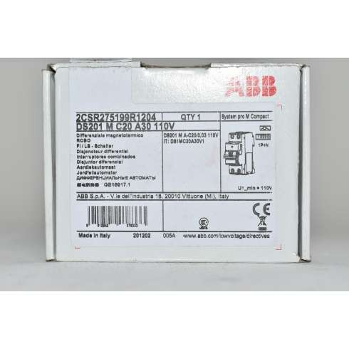 Differenziale magnetotermico ABB DS201MC20A30 110V  1P+N C20A 30mA Type A  10KA